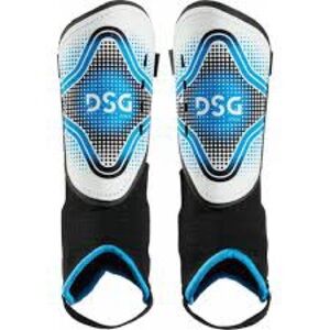 DSG White and Blue Soccer Shin Guards with Black Ankle Sleeves